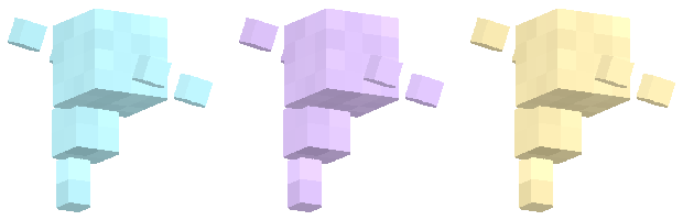 3D renders of three wisps: cyan, violet and gold