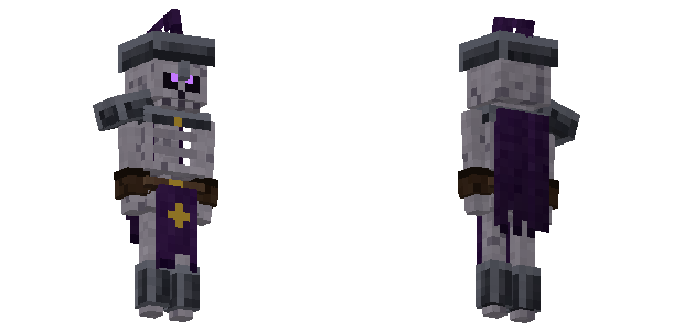 3D render of a Revenant Guard from the front and the back: a skeleton knight in an iron helm and violet tabard
