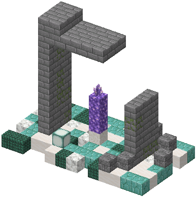 3D render of a ruined stone brick gateway on a prismarine floor with an amethyst block