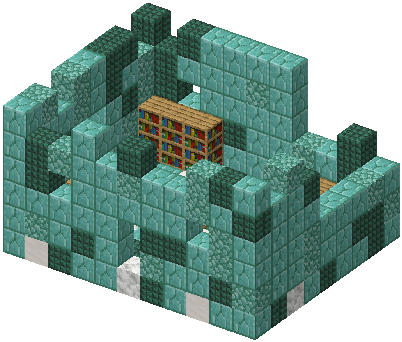 3D render of a small prismarine ruin with bookshelves and a lectern