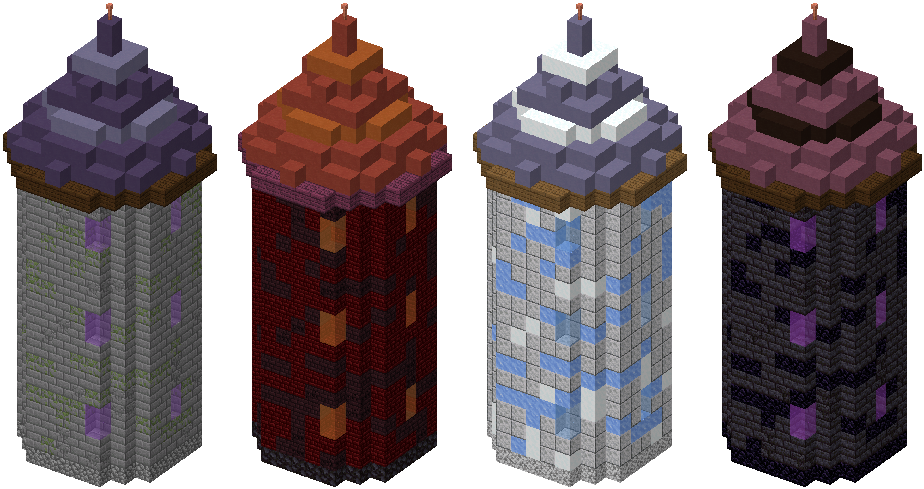 3D renders of the four Overworld wizard towers: Arcane in stone with a blue roof, Fire in red nether brick, Frost in white stone and ice, and Void in blackstone